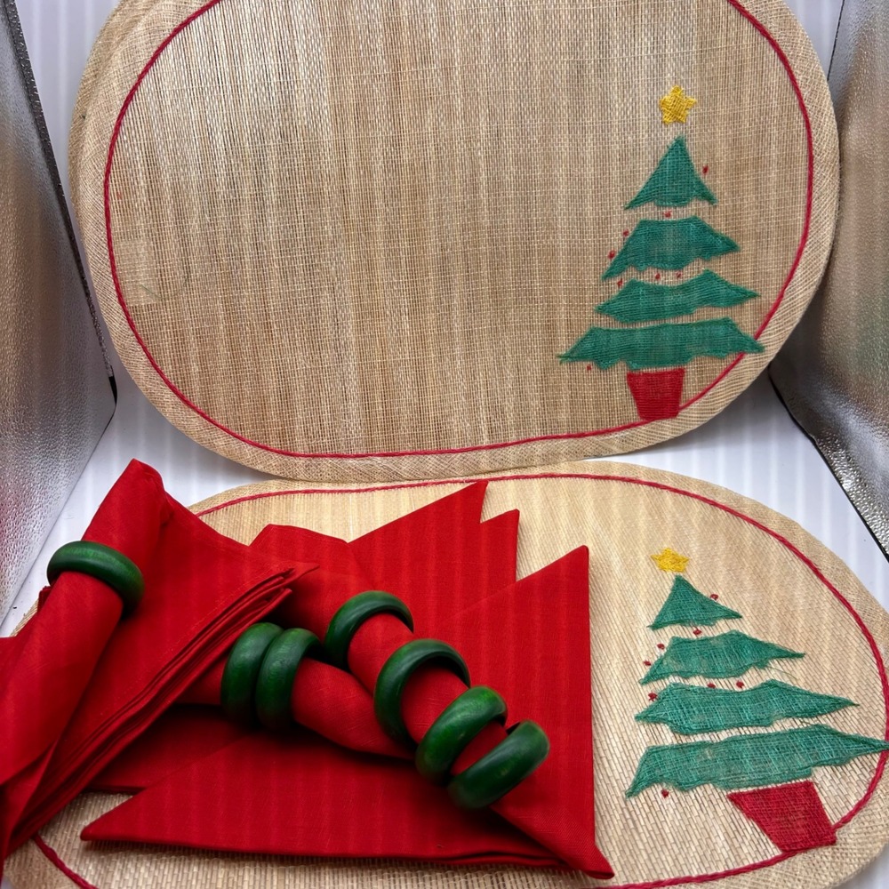 Kemp & Beatley Christmas Table Set 8 Placemats 8 Napkins 8 Rings Hemp Fiber NEW